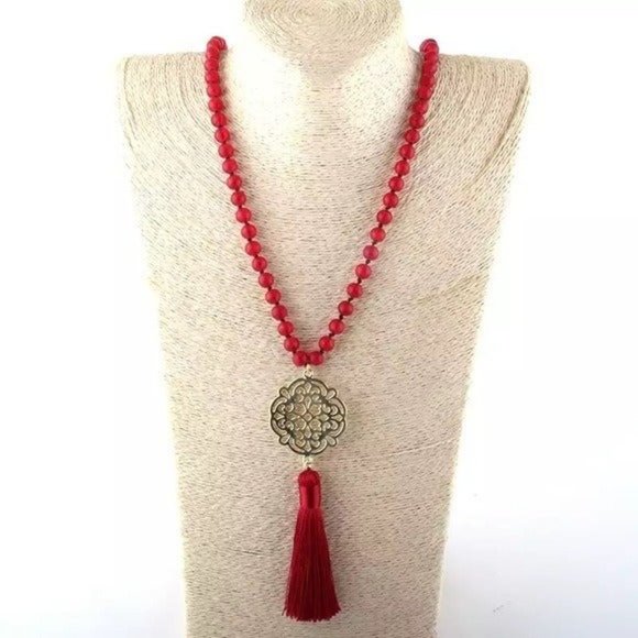 Mala Meditation Beads yoga bohemian necklace red gold boho gypsy natural - Picture 2 of 3